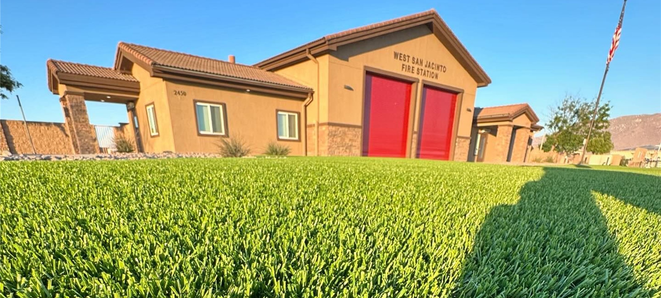 Oak Hills Fire House Station Installation Up close in San Jacinto, Calif Orange County Artificial Grass Cleaning, Odor Removal & Repairs